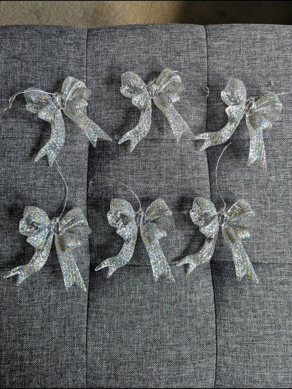 Set of 6 Glittery Silver Bow Ornaments